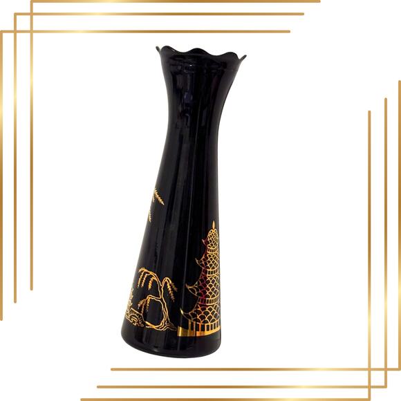 Vintage Black Glass Vase Gold Pagoda & Willow Tree Design - Picture 1 of 11